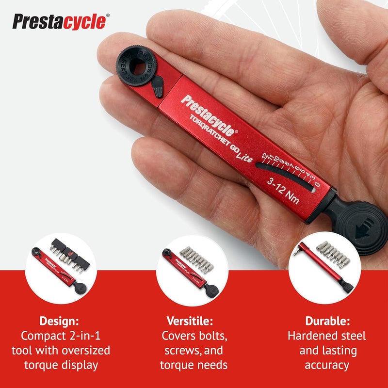 Prestacycle TorqRatchet GO Lite – Portable 3-12Nm Beam Torque Wrench & Ratchet Multi-Tool, 9 Hardened Bits, Lightweight Pocket Tool for Bike Repair, Compact 124mm, 46g, Compatible with ¼” Bits - Image 4